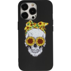 Coque iPhone 13 Pro - Silicone Mat Skull flowers - Noir