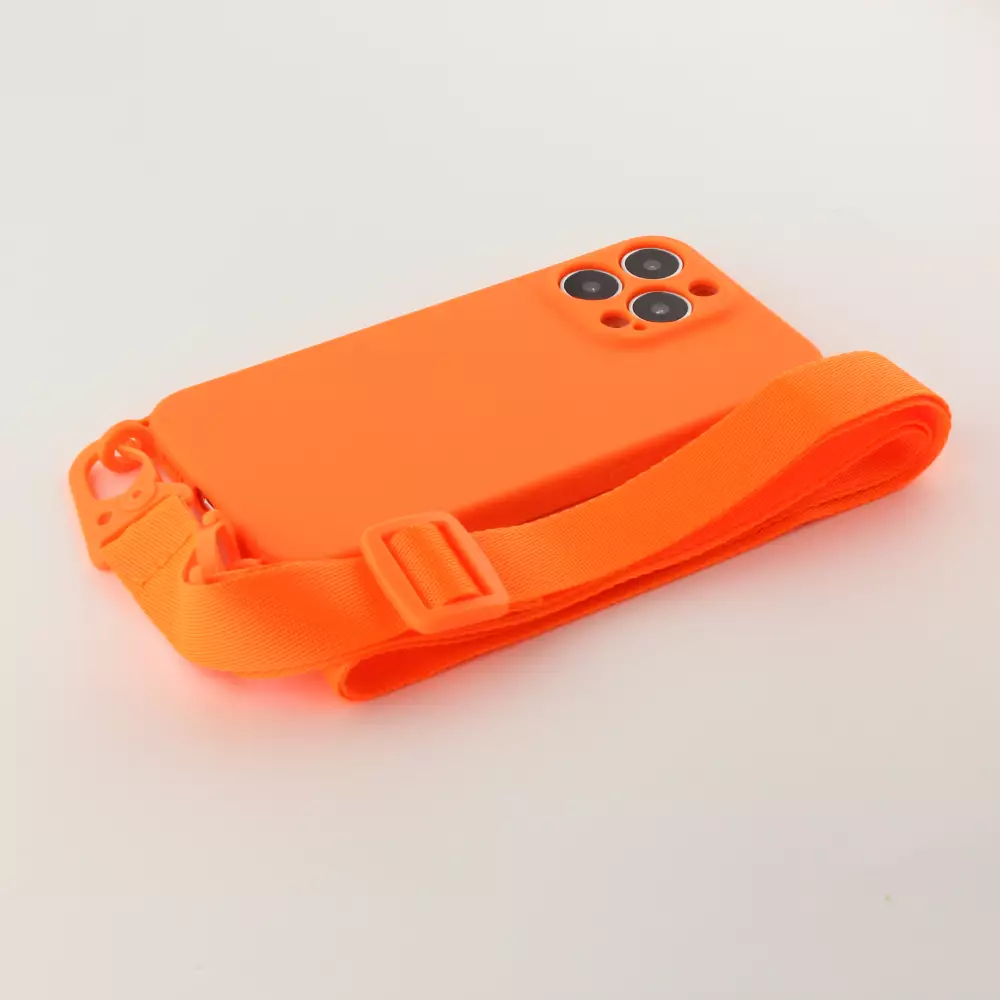 iPhone 13 Pro Max Case Hülle - Silikon mit Kordel und Haken - Orange