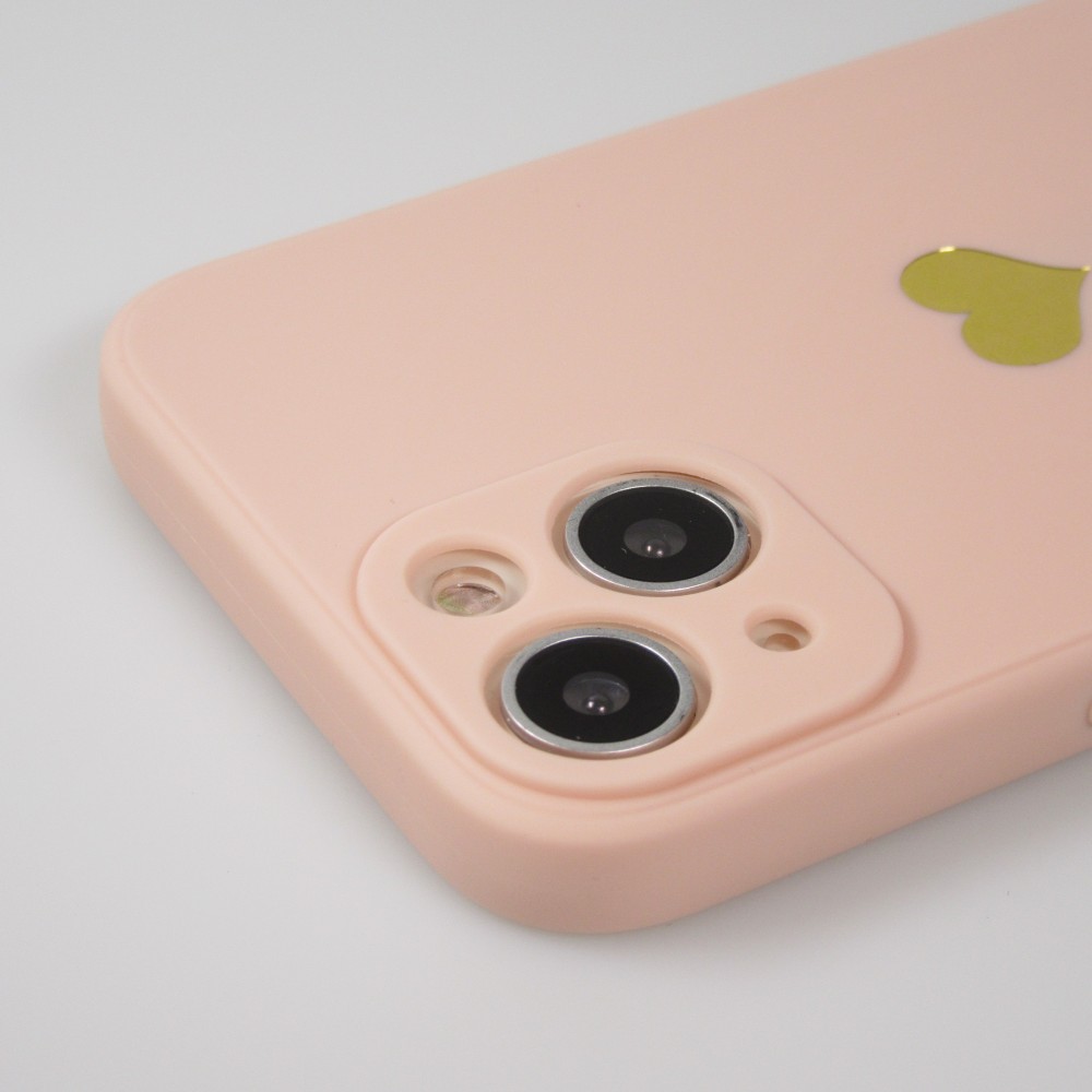 Coque iPhone 15 - Silicone Mat Coeur doré - Rose