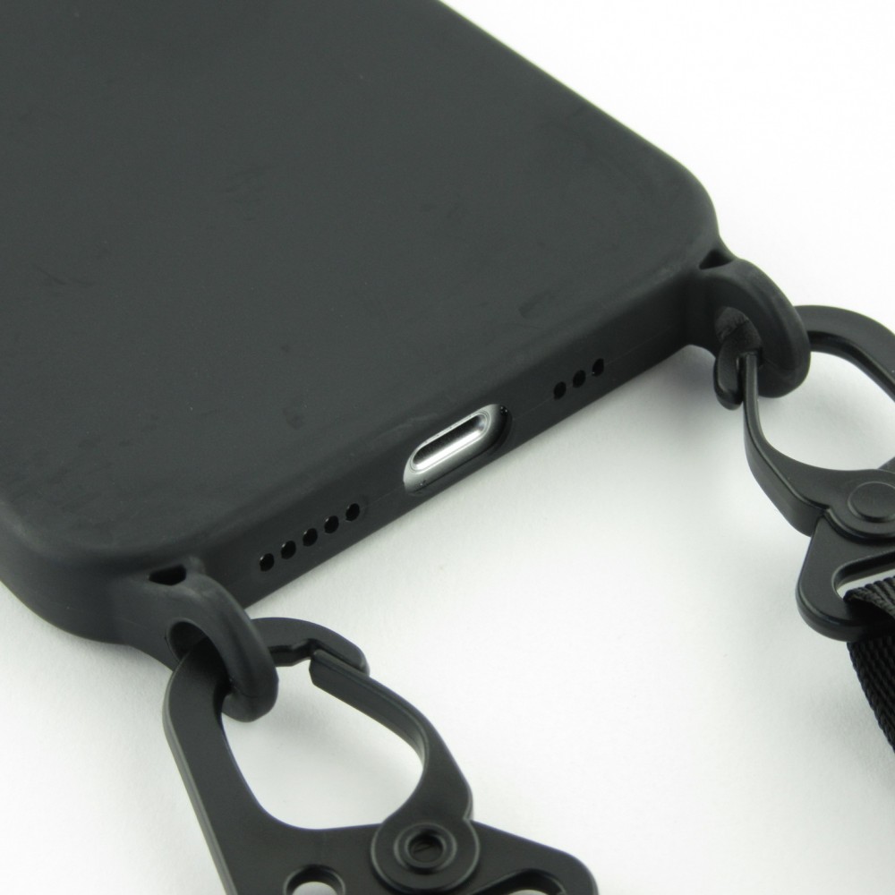 Coque iPhone 13 mini - Silicone avec lanière et crochet - Noir