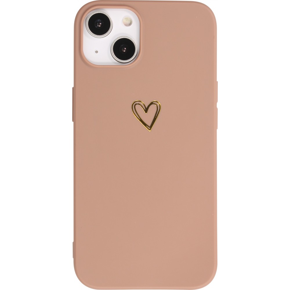 Coque iPhone 16 Plus - Silicone mat dessin cœur doré - Brun