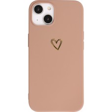 Coque iPhone 16 Plus - Silicone mat dessin cœur doré - Brun