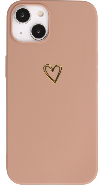 Coque iPhone 15 - Silicone mat dessin cœur doré - Brun