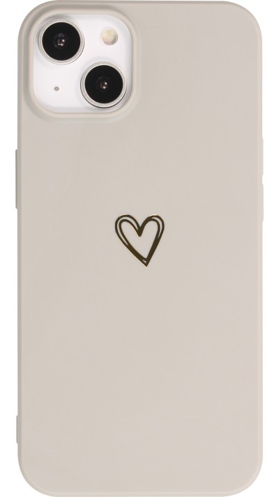 Coque iPhone 15 - Silicone mat dessin cœur doré - Gris