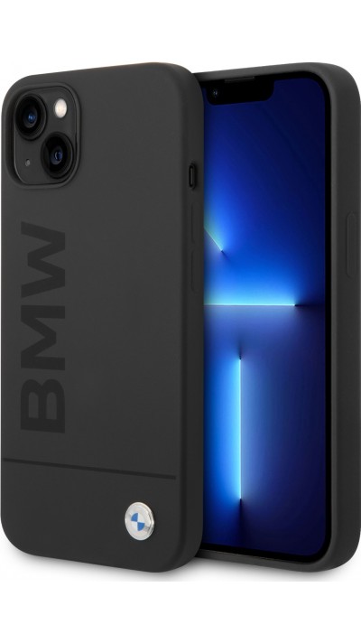 Coque iPhone 14 - BMW silicone soft touch avec logo métallique en relief - Noir