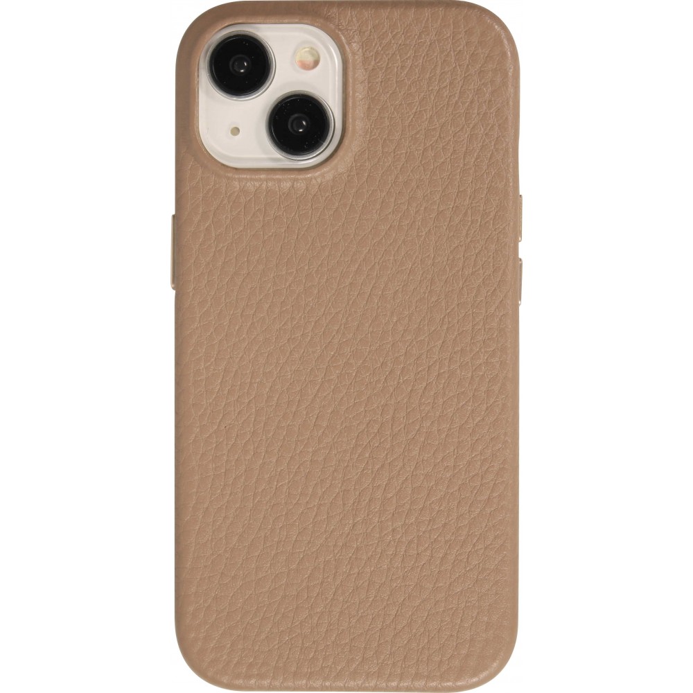Coque iPhone 14 - Cuir de veau luxe grainé intégral avec boutons métalliques et MagSafe - Beige