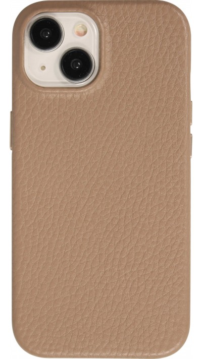 Coque iPhone 15 - Cuir de veau luxe grainé intégral avec boutons métalliques et MagSafe - Beige