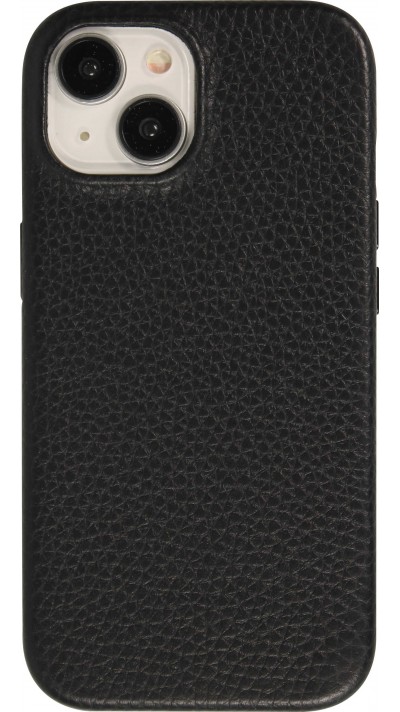 Coque iPhone 14 - Cuir de veau luxe grainé intégral avec boutons métalliques et MagSafe - Noir