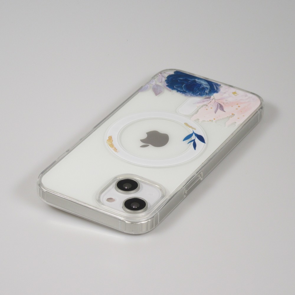 Coque iPhone 14 - Gel silicone rigide avec MagSafe rose bleue - Transparent