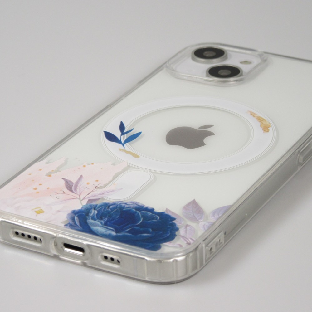 Coque iPhone 14 - Gel silicone rigide avec MagSafe rose bleue - Transparent