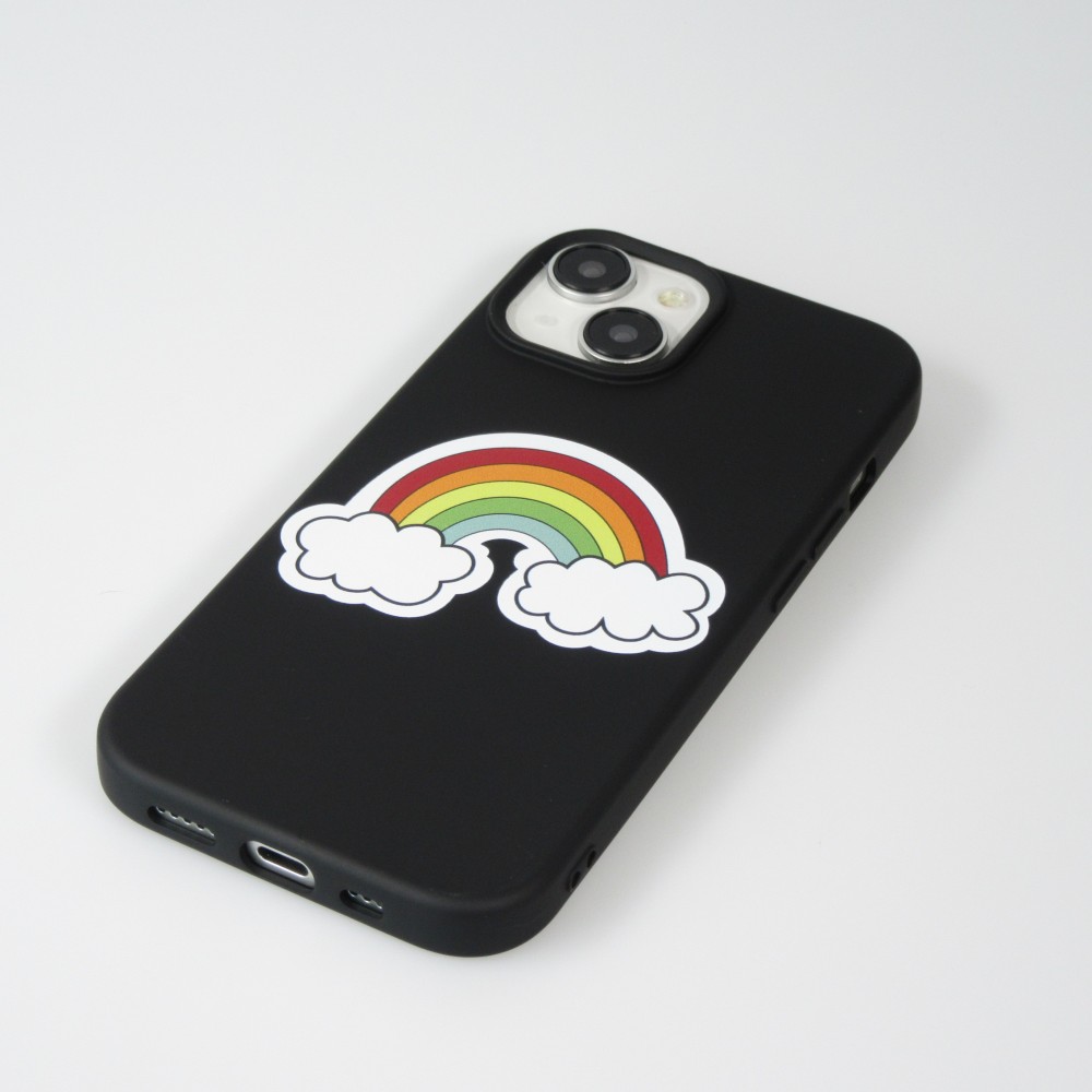 Coque iPhone 15 - Gel silicone souple - Rainbow in the clouds - Noir
