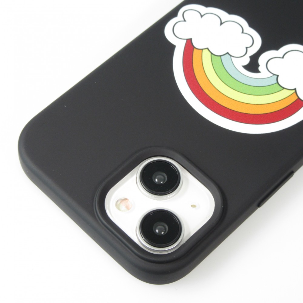 Coque iPhone 15 - Gel silicone souple - Rainbow in the clouds - Noir