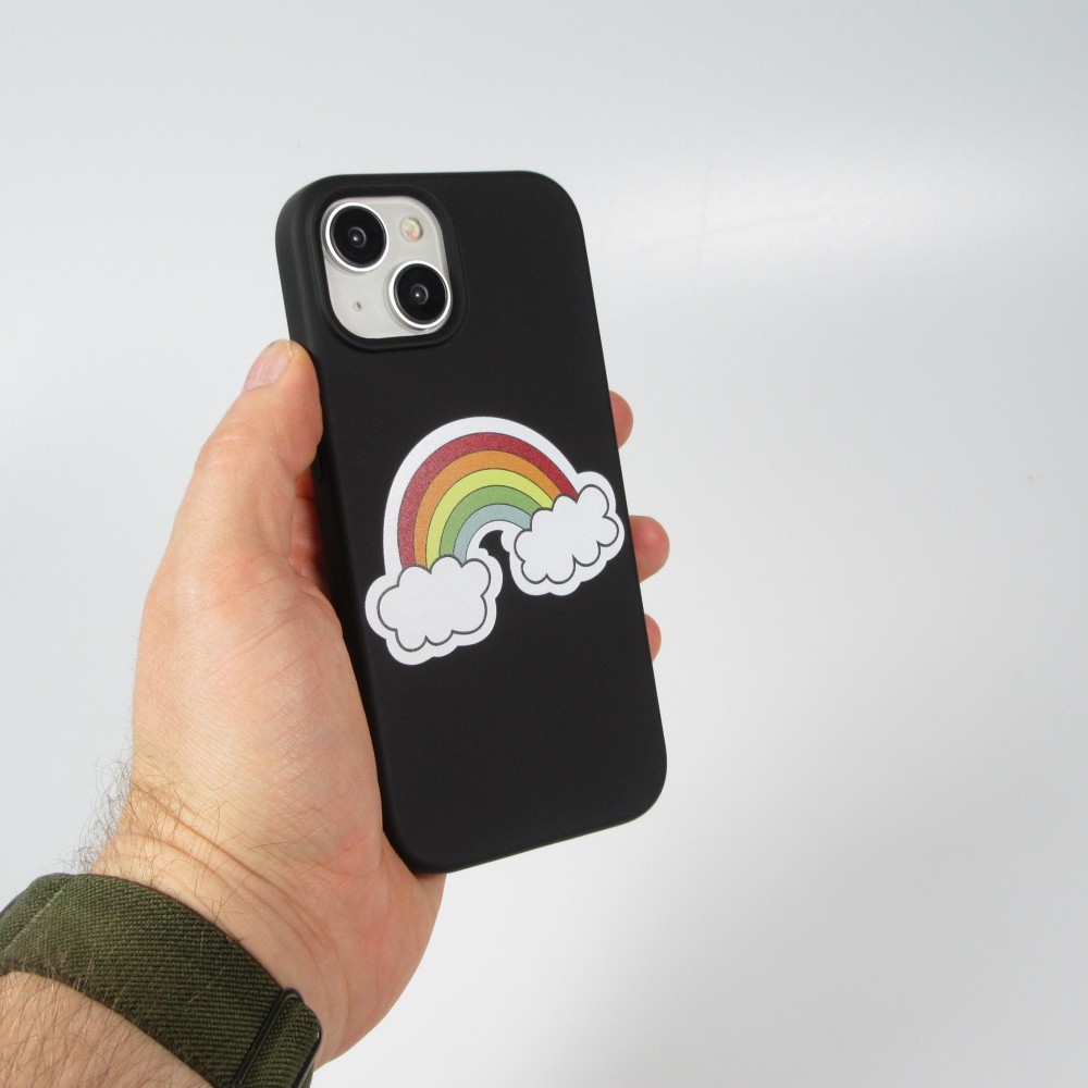 Coque iPhone 15 - Gel silicone souple - Rainbow in the clouds - Noir