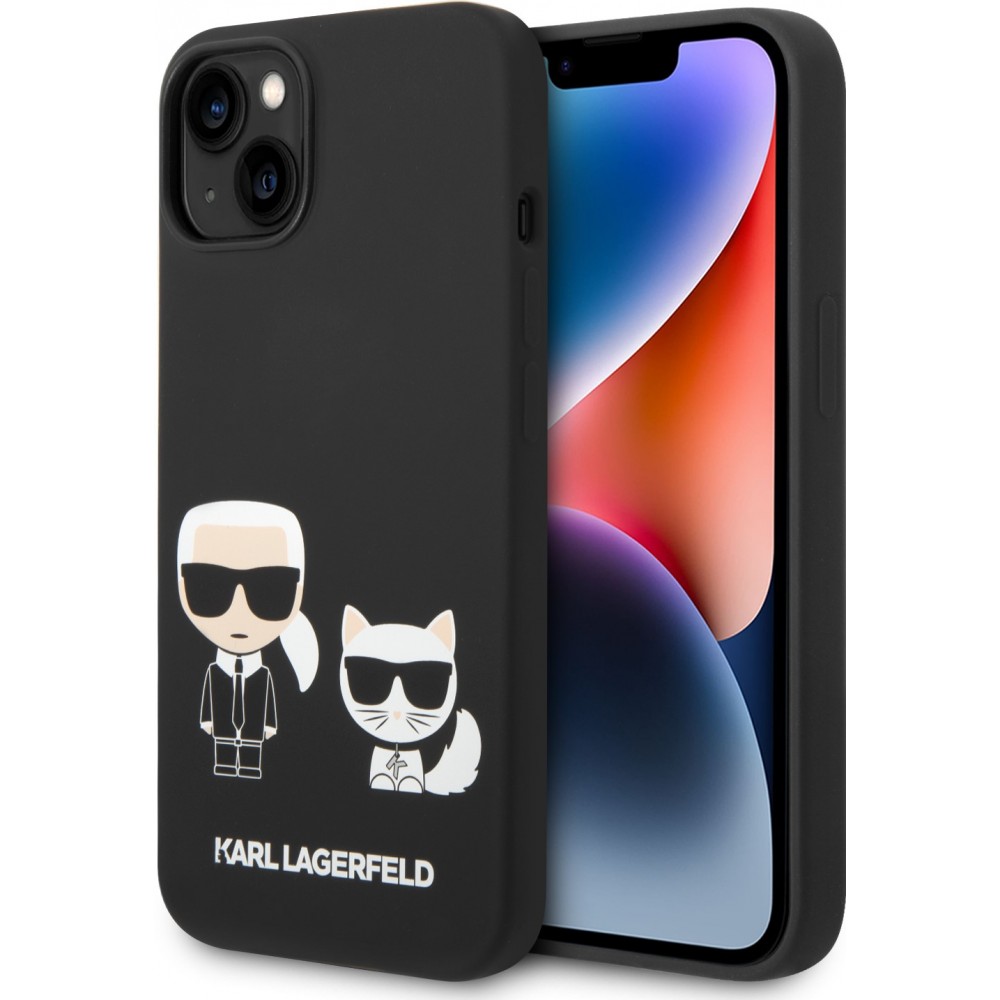 iPhone 14 Case Hülle - Karl Lagerfeld und Choupette Duo Soft-Touch-Silikon - Schwarz