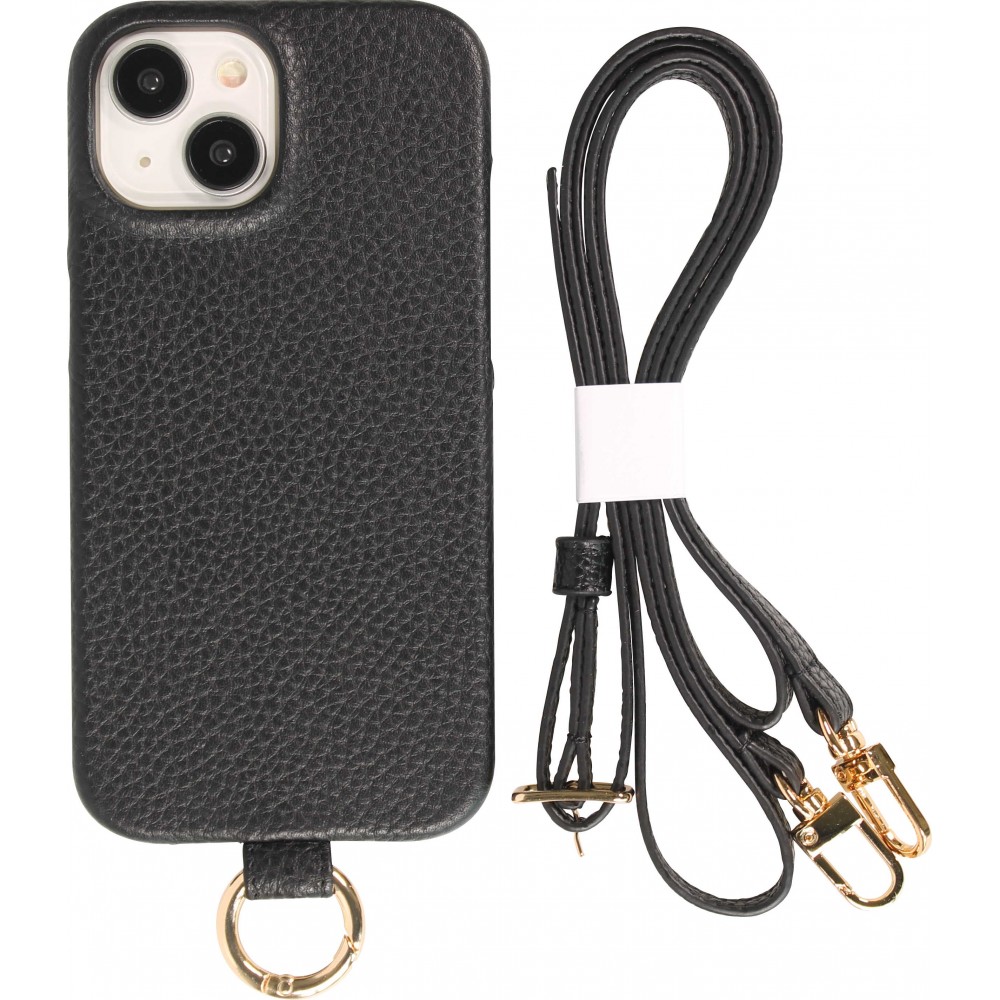 Coque iPhone 14 - Premium cuir véritable de luxe avec lanière en cuir réglable et amovible + MagSafe - Noir