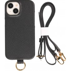 Coque iPhone 14 - Premium cuir véritable de luxe avec lanière en cuir réglable et amovible + MagSafe - Noir