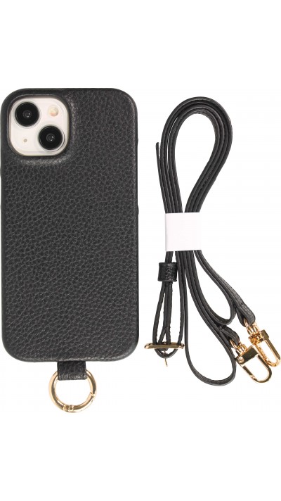Coque iPhone 15 - Premium cuir véritable de luxe avec lanière en cuir réglable et amovible + MagSafe - Noir