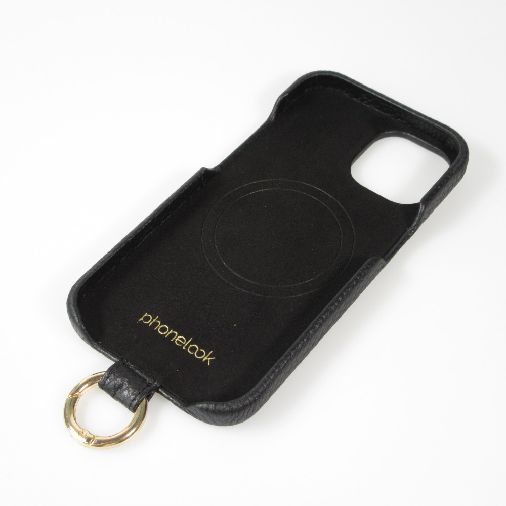 Coque iPhone 14 - Premium cuir véritable de luxe avec lanière en cuir réglable et amovible + MagSafe - Noir