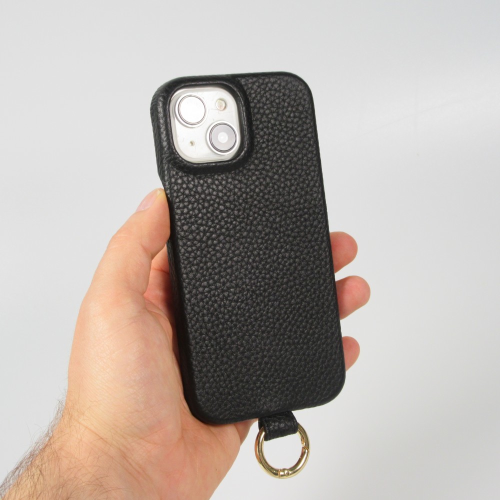 Coque iPhone 14 - Premium cuir véritable de luxe avec lanière en cuir réglable et amovible + MagSafe - Noir