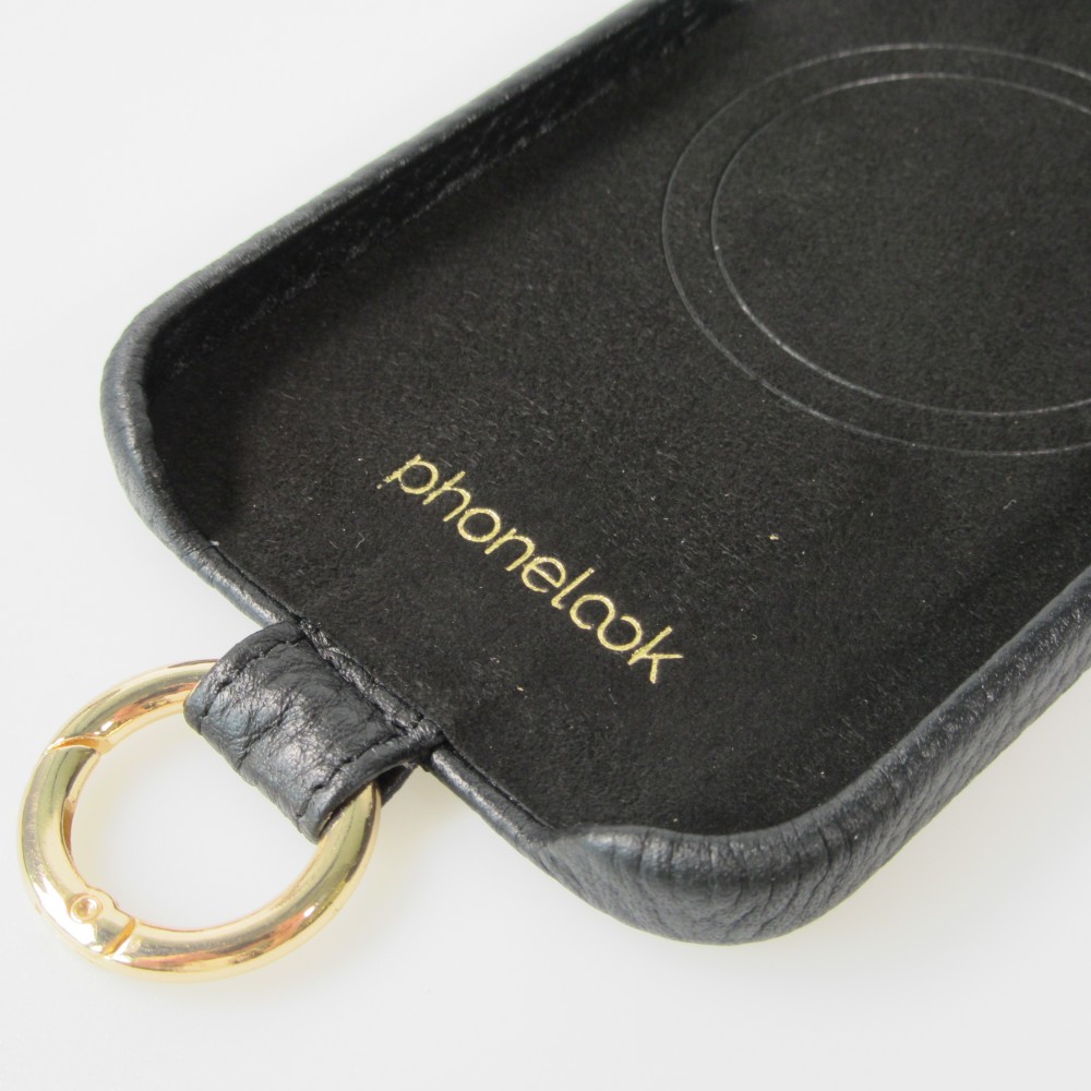 Coque iPhone 14 - Premium cuir véritable de luxe avec lanière en cuir réglable et amovible + MagSafe - Noir