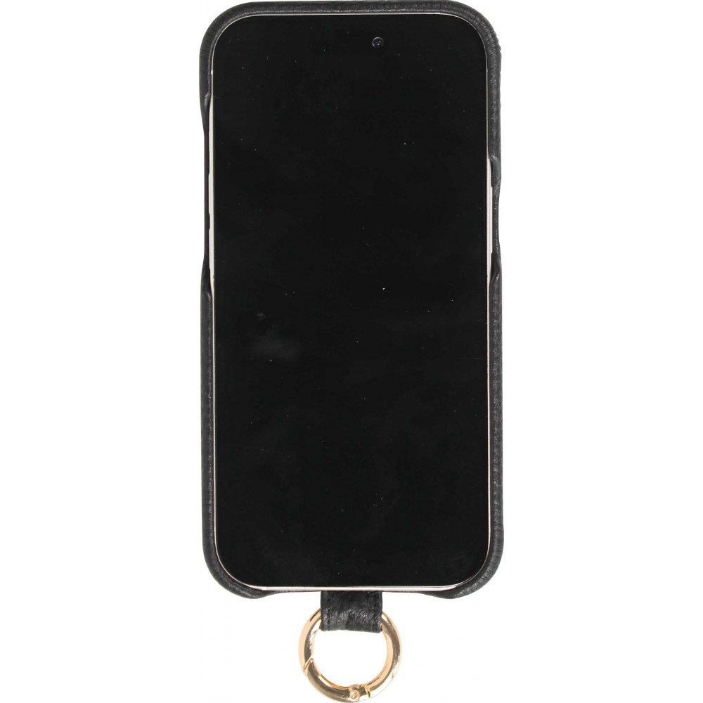 Coque iPhone 14 - Premium cuir véritable de luxe avec lanière en cuir réglable et amovible + MagSafe - Noir