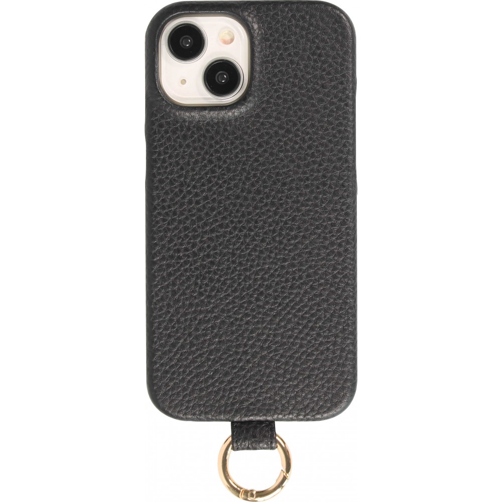 Coque iPhone 14 - Premium cuir véritable de luxe avec lanière en cuir réglable et amovible + MagSafe - Noir