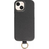 Coque iPhone 14 - Premium cuir véritable de luxe avec lanière en cuir réglable et amovible + MagSafe - Noir