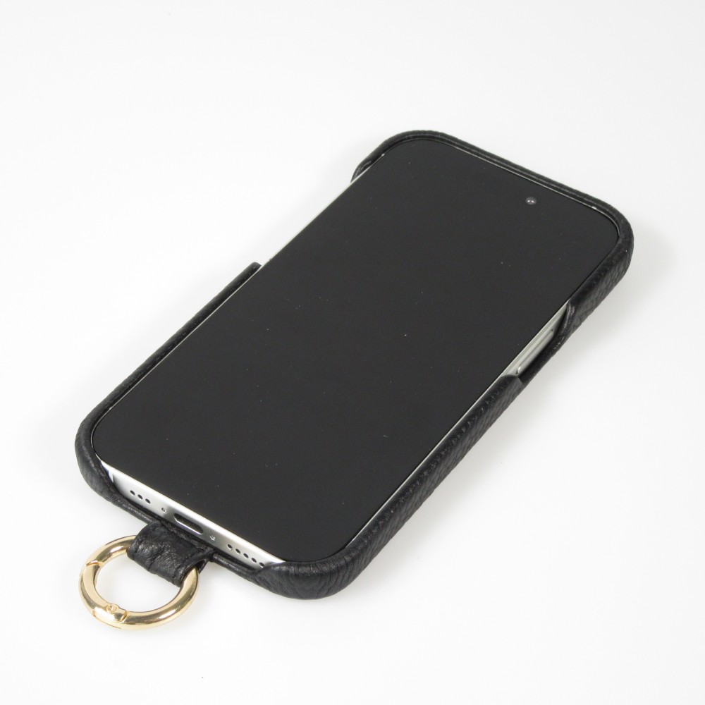 Coque iPhone 14 - Premium cuir véritable de luxe avec lanière en cuir réglable et amovible + MagSafe - Noir