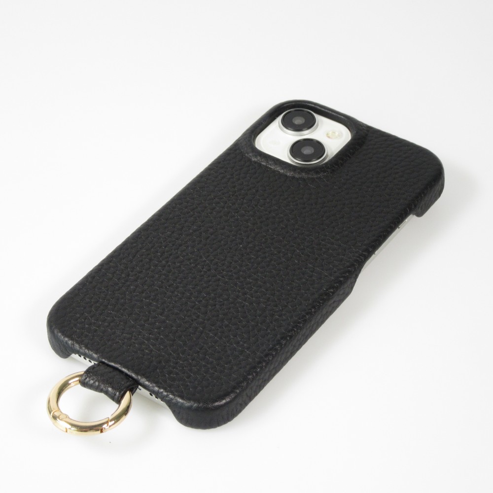 Coque iPhone 14 - Premium cuir véritable de luxe avec lanière en cuir réglable et amovible + MagSafe - Noir