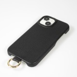 Coque iPhone 14 - Premium cuir véritable de luxe avec lanière en cuir réglable et amovible + MagSafe - Noir