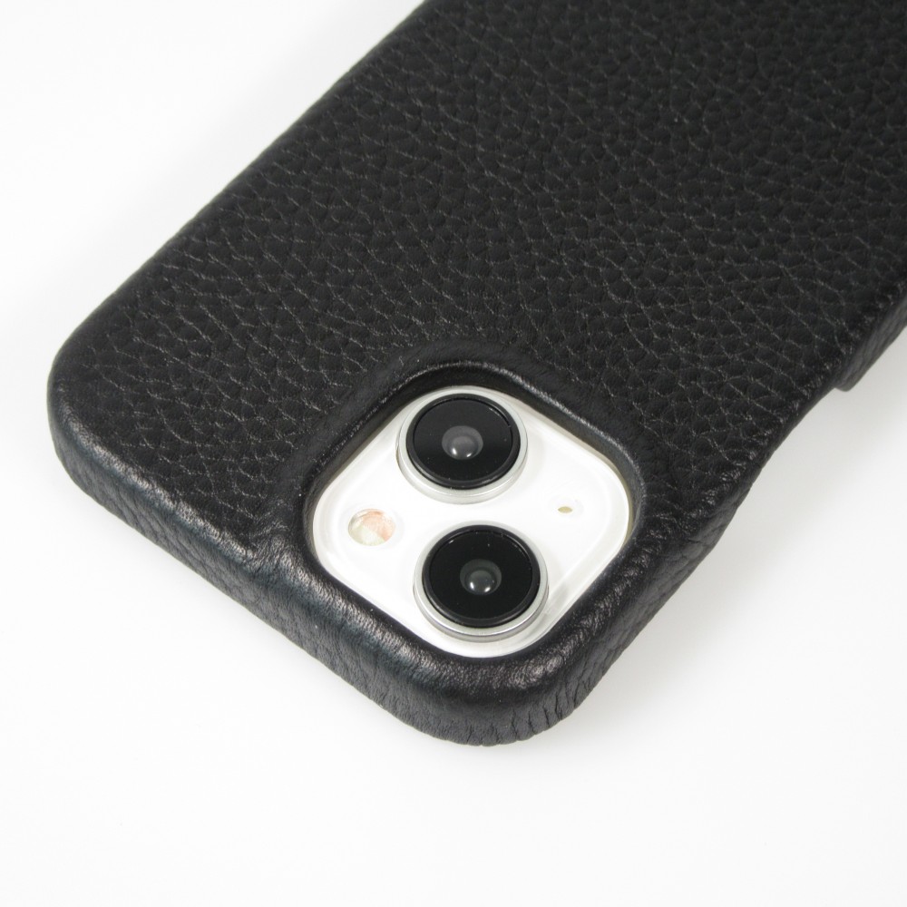 Coque iPhone 14 - Premium cuir véritable de luxe avec lanière en cuir réglable et amovible + MagSafe - Noir