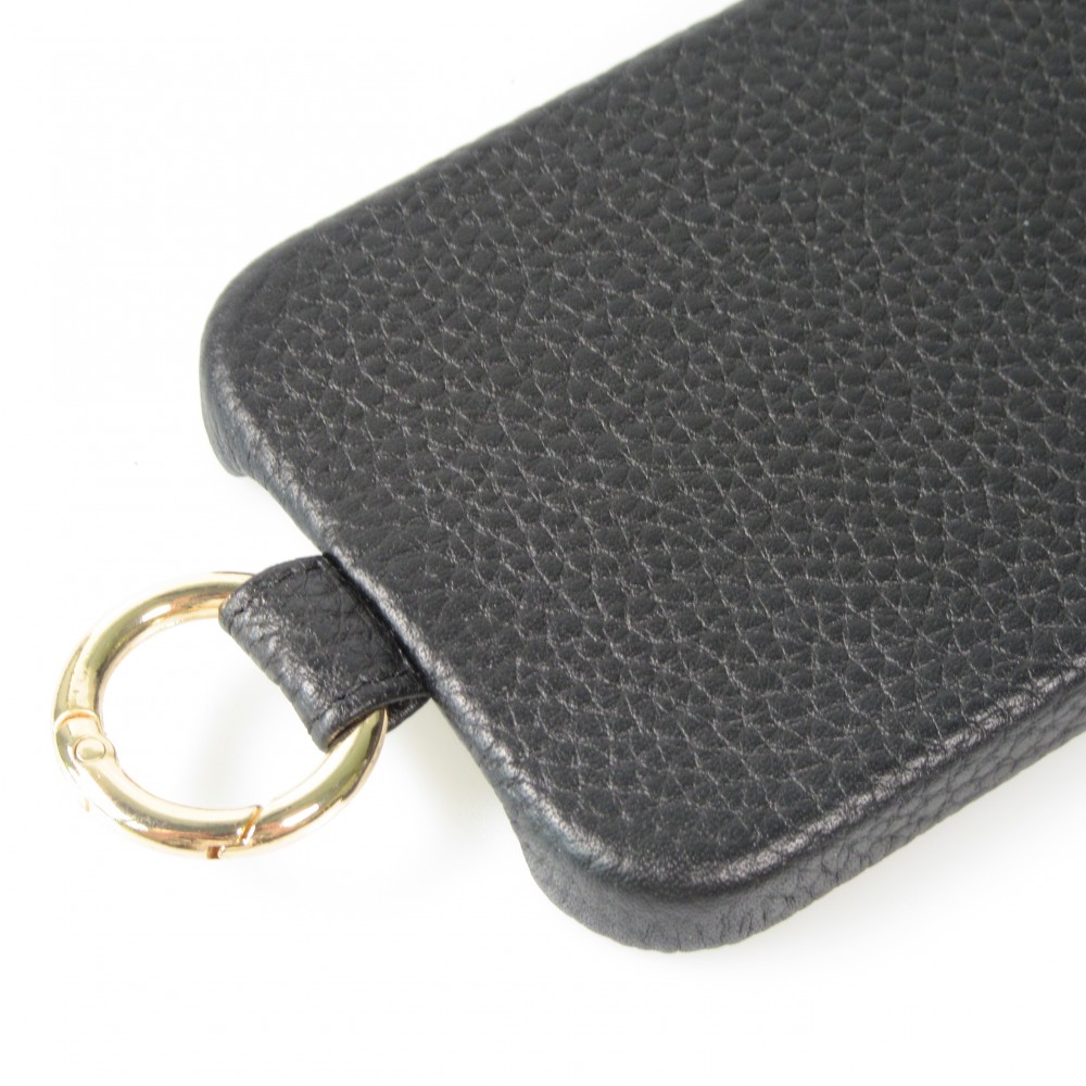 Coque iPhone 14 - Premium cuir véritable de luxe avec lanière en cuir réglable et amovible + MagSafe - Noir