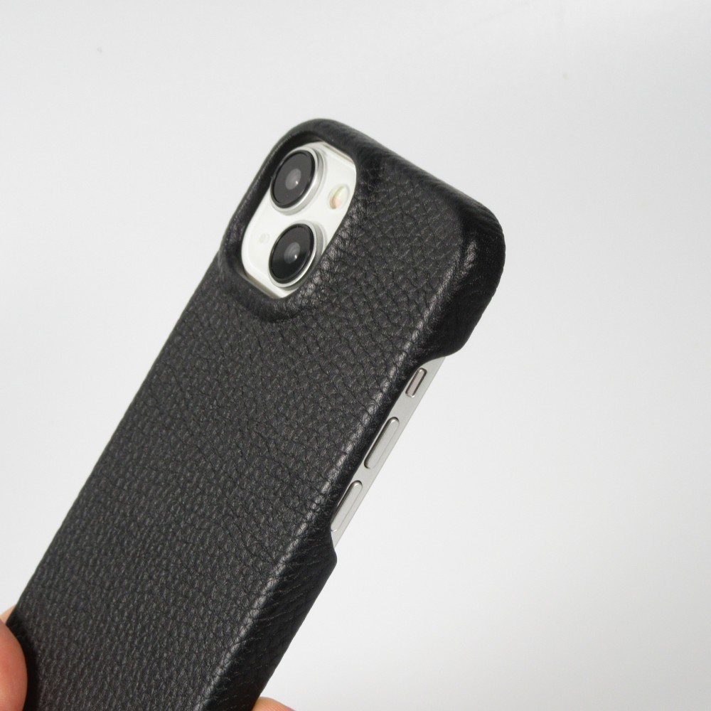 Coque iPhone 14 - Premium cuir véritable de luxe avec lanière en cuir réglable et amovible + MagSafe - Noir