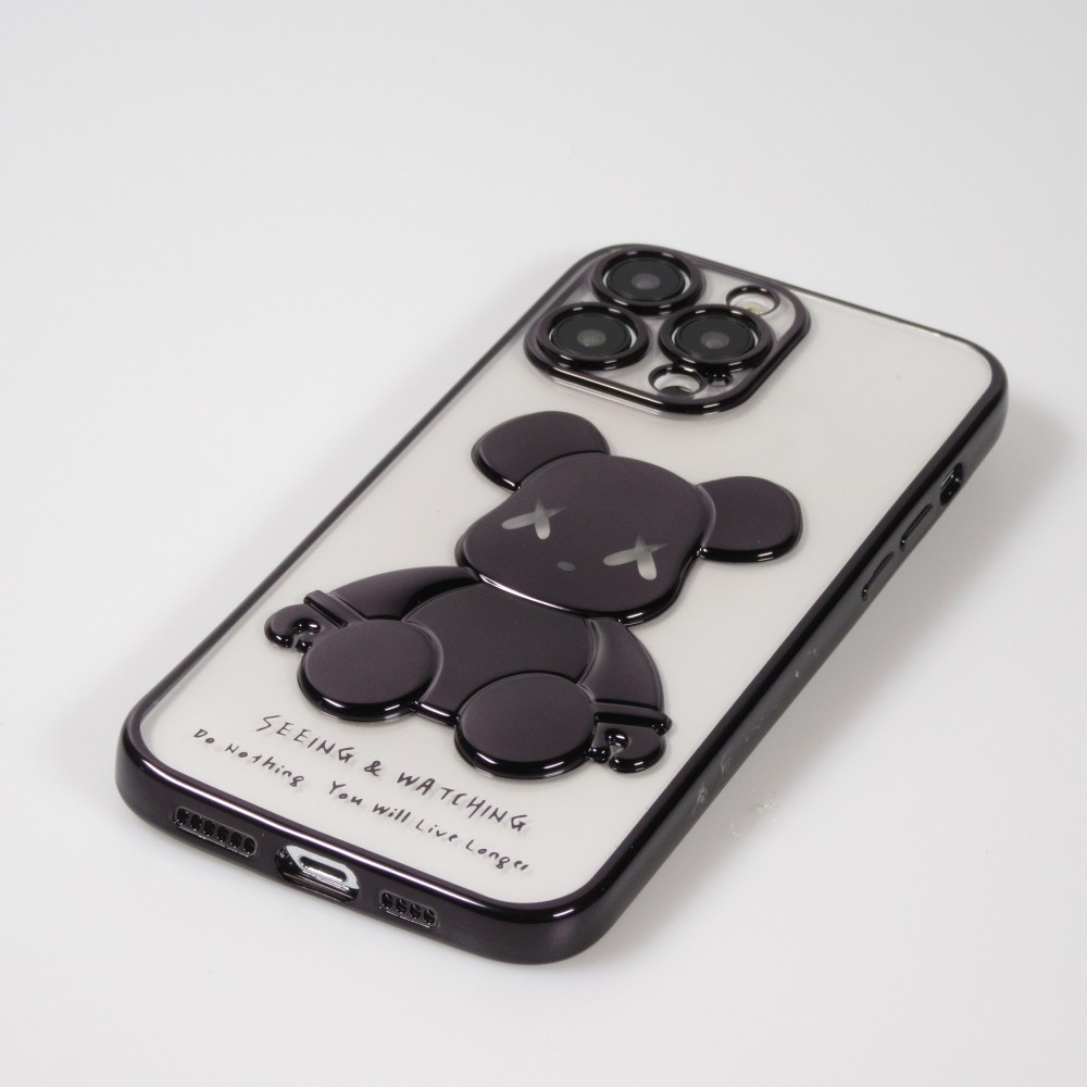 Coque iPhone 14 Pro Max - Gel Dead bear paillettes 3D avec bords noir - Transparent