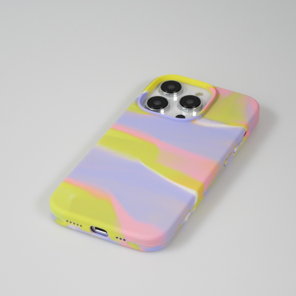 Coque iPhone 14 Pro - Gel Soft touch lisse Stripes jaune/violet