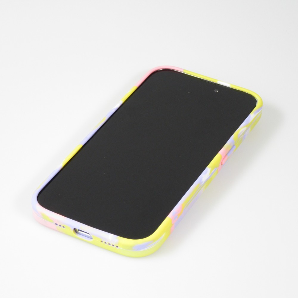 Coque iPhone 14 Pro - Gel Soft touch lisse Stripes jaune/violet