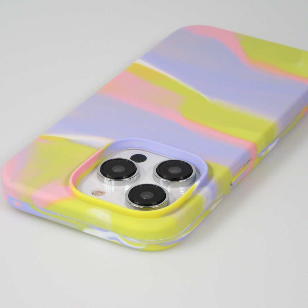 Coque iPhone 14 Pro - Gel Soft touch lisse Stripes jaune/violet