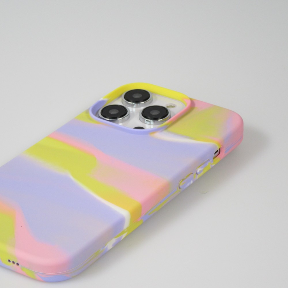 Coque iPhone 14 Pro - Gel Soft touch lisse Stripes jaune/violet