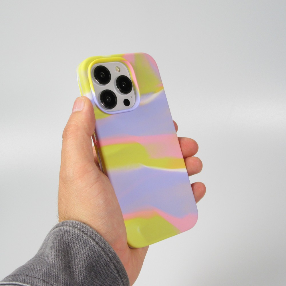 Coque iPhone 14 Pro - Gel Soft touch lisse Stripes jaune/violet