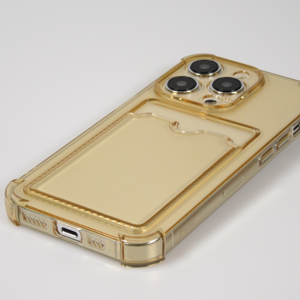 Coque iPhone 14 Pro - Gel silicone bumper super flexible avec porte-carte transparent - Or