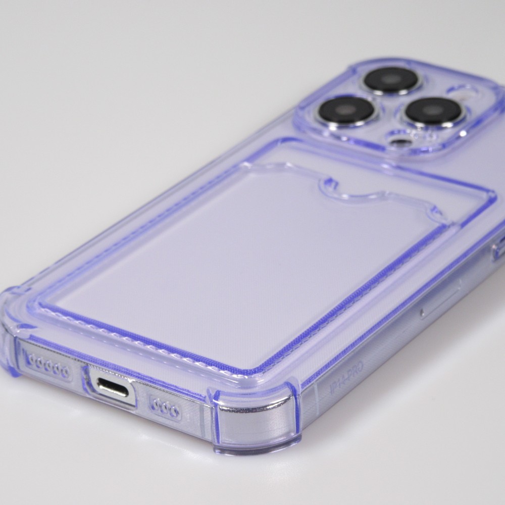 Coque iPhone 14 Pro - Gel silicone bumper super flexible avec porte-carte transparent - Violet