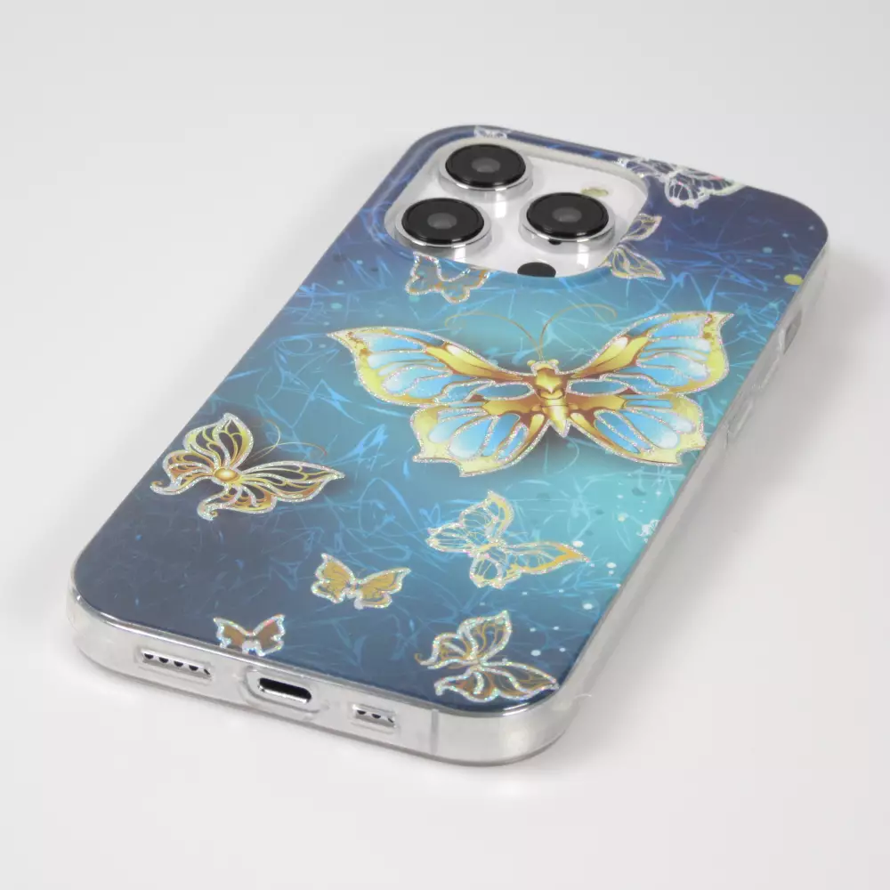 iPhone 14 Pro Max Case Hülle - Silikon Gel glitzernder Schmetterling - Blau