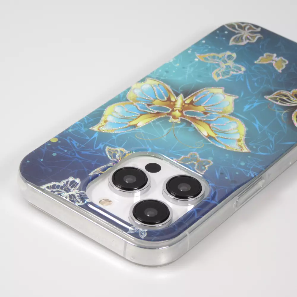 iPhone 14 Pro Max Case Hülle - Silikon Gel glitzernder Schmetterling - Blau