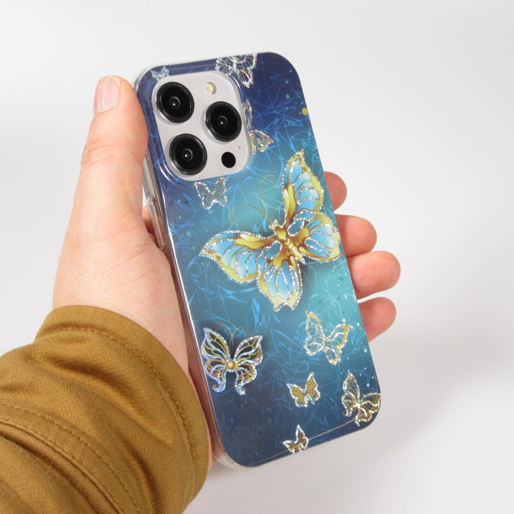 Coque iPhone 14 Pro Max - Gel silicone papillon scintillant - Bleu