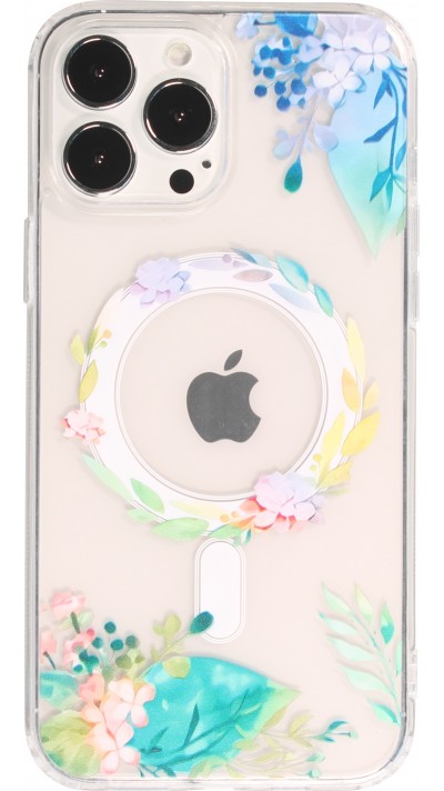 Coque iPhone 15 Pro Max - Gel silicone rigide avec MagSafe fleurs de printemps - Transparent