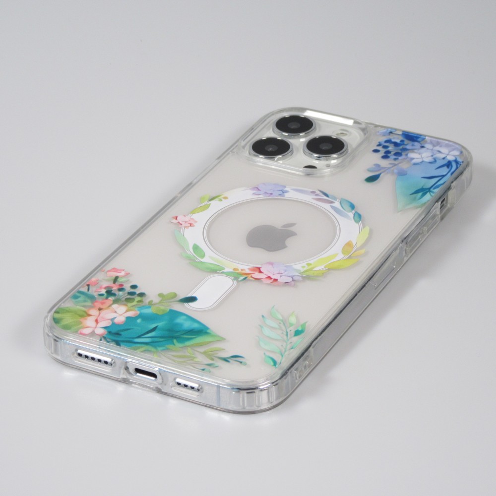 Coque iPhone 16 Pro Max - Gel silicone rigide avec MagSafe fleurs de printemps - Transparent