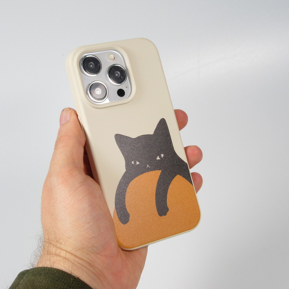 Coque iPhone 14 Pro Max - Gel silicone souple - Relaxed Cat - Beige