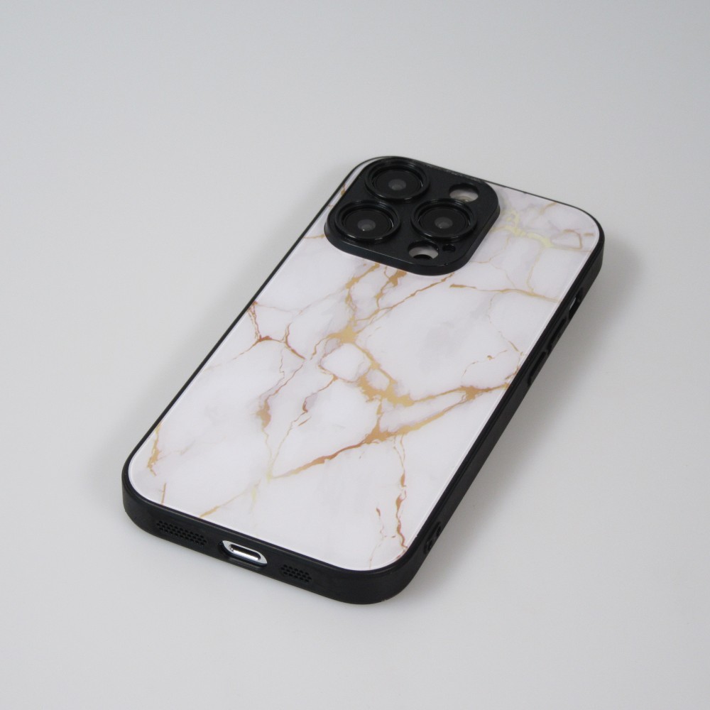 Coque iPhone 13 Pro Max - Glass marbre avec bord en silicone - Blanc