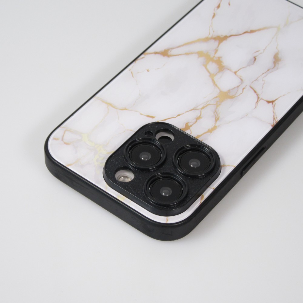 Coque iPhone 13 Pro Max - Glass marbre avec bord en silicone - Blanc