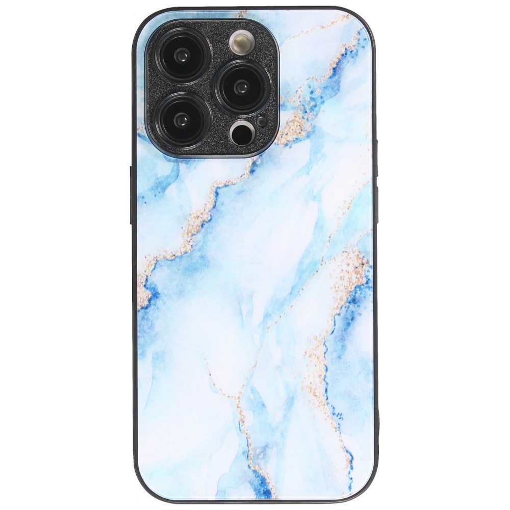 Coque iPhone 13 Pro Max - Glass marbre avec bord en silicone - Bleu clair
